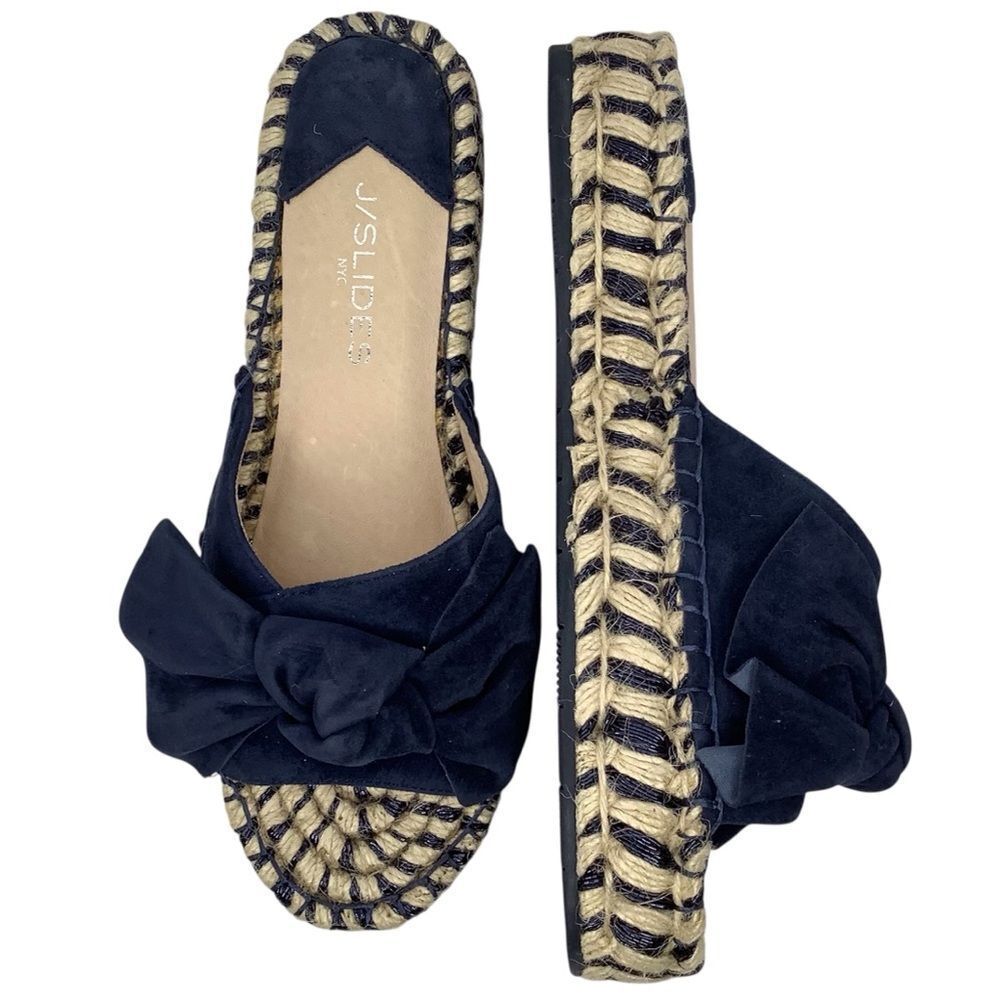 J/SLIDES Dark Blue Suede Bow Espadrille Women Open Slides Sz 8 Coastal,Travel